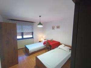 Loče pri PoljčanahHiša Žičanka的一间设有两张床和一张红色桌子的房间