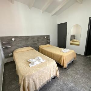 维拉卡洛斯帕兹Hotel Bellavista的一间设有两张床铺和毛巾的房间