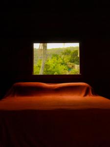 邦比尼亚斯Valhalla Glamping House的黑暗房间的一个窗口,床和毯子