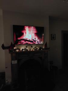 卡文Molly's Self Catering Accommodation的客厅的壁炉上方设有平面电视