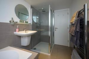布罗肯赫斯特Entire Apartment in Central Brockenhurst的带淋浴、盥洗盆和镜子的浴室