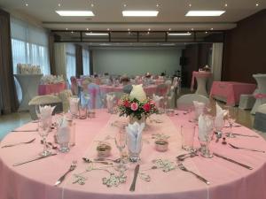 迦太基萨尔瓦多古阿可酒店餐厅的一张桌子,上面有粉红色的桌布,上面有眼镜和鲜花
