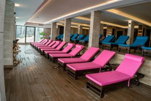 科帕奥尼克Milmari Apartments FREE SPA & PARKING Kopaonik的等候室里一排粉红色的椅子