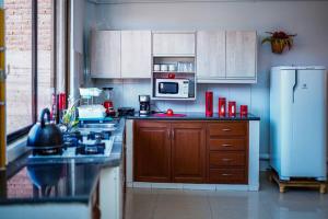 苏克雷Encantador y amplio departamento en zona tranquila的厨房配有炉灶和微波炉。