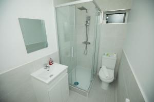 拉夫堡Contractors - Relocators - Family的带淋浴、盥洗盆和卫生间的浴室