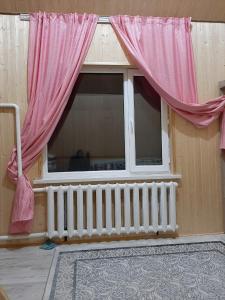 SatyEldos_Kolsai的配有散热器的房间里,窗户上有粉红色的窗帘