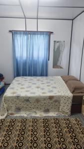 万津Inap Desa Hajah Yani, Kg Olak Lempit的一间卧室配有一张蓝色窗帘的床