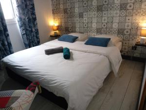 锡拉奥Le djebel的卧室配有带蓝色枕头的大型白色床