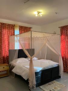 阿鲁沙Homestay in Arusha Wanderful Escape的一间卧室配有一张带红色窗帘的天蓬床