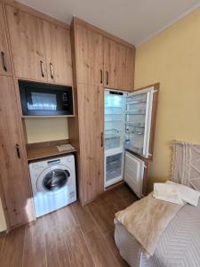 布达佩斯Mádi Rezidencia的洗衣房配有洗衣机和微波炉