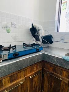 蒙巴萨Moraa’s Home的厨房柜台配有蓝色炉灶 顶部烤箱