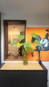 首尔서촌 누하스테이-Nouhastay的镜子前的梳妆台上装有植物的花瓶