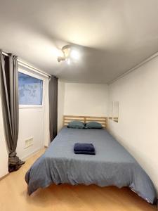 布鲁塞尔Cosy Apartment Brussels - Flagey的一间卧室配有一张带蓝色毯子的床