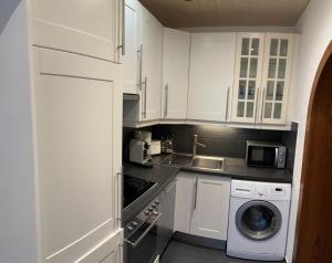 大格迈因Haus Schmidhuber Wohnung 5 mit sonniger Terrasse的厨房配有白色橱柜和洗衣机。
