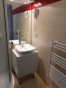 MourjouAuberge de Mourjou的一间带水槽、淋浴和镜子的浴室