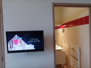 MourjouAuberge de Mourjou的浴室墙上的电视
