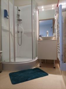 MourjouAuberge de Mourjou的带淋浴、盥洗盆和浴缸的浴室