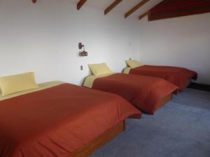 Comunidad YumaniCAMPO SANTO的带红色棉被的房间的三张床