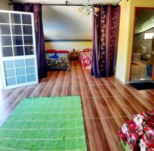乌图罗阿Studio Rava 1 Room Fare Tepua Lodge的客厅铺有木地板,配有绿色地毯。