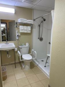 摩根敦Quality Inn & Suites的浴室配有卫生间、淋浴和盥洗盆。