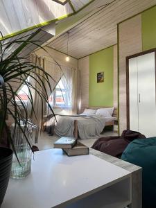 沃罗赫塔ЛемГора的一间设有两张床和盆栽的房间