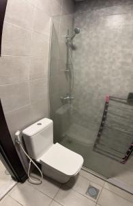 安曼Gentle Breeze Studio1的带淋浴、卫生间和玻璃淋浴间的浴室