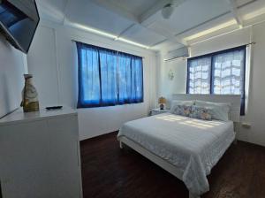 卡沃罗霍Blue House Joyuda的一间卧室设有一张床和一个蓝色的窗户。