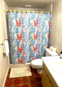 乌马考Beach Villa 215的带淋浴帘和卫生间的浴室