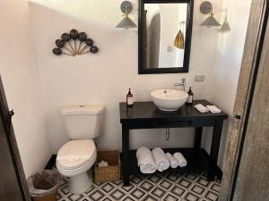 危地马拉安地瓜Eternal Spring的一间带卫生间、水槽和镜子的浴室