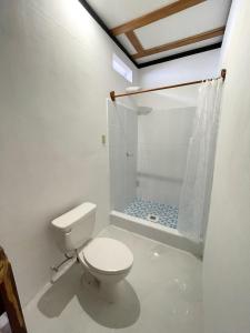 弗洛勒斯Mayan Spirit的白色的浴室设有卫生间和淋浴。