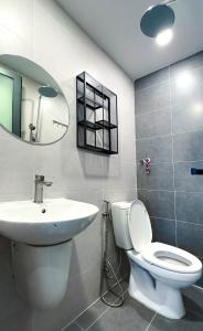 胡志明市Lucy House的一间带水槽、卫生间和镜子的浴室