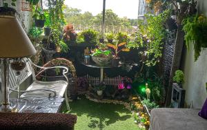 科伦坡Mount View Residencies的一座花园,里面种满了桌子和植物
