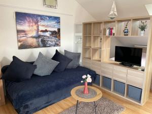 奈维斯Casa Estancia Studio Apartment的客厅配有蓝色的沙发和电视