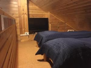 塔库沃里Tahkon mökki的一间卧室配有两张床和一台平面电视