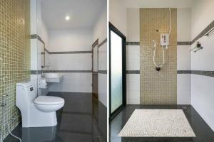 Ban Khlong HaengSj House Hotel Aonang的浴室设有卫生间和淋浴,两幅图片