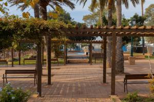 马拉加C55 Cosy Apartment close to the beach的公园内种有长椅和棕榈树的凉亭