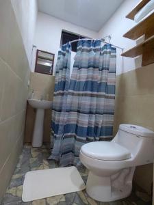 拉克鲁斯Papaturro House的一间带卫生间和淋浴帘的浴室