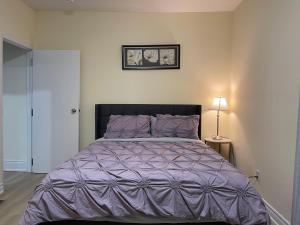 尼亚加拉瀑布Luxury Suite with King Bed-4 minutes to The Falls的一间卧室配有一张大床和紫色棉被