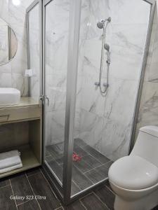 韦拉克鲁斯CONFORT的带淋浴、卫生间和盥洗盆的浴室