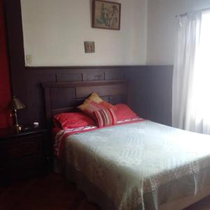 维纳德马Hostal María Luisa Bombal的一间卧室配有一张带红色枕头的床和一扇窗户