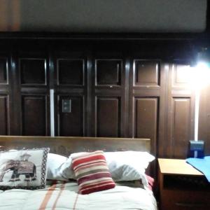 维纳德马Hostal María Luisa Bombal的一间卧室配有木制床头板和一张带枕头的床