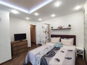 切尔尼戈夫Бирюзовый стиль的一间卧室配有一张床和一台电视