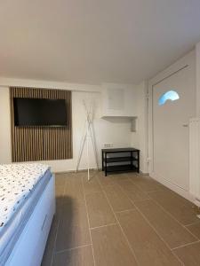 卢布尔雅那Laibach Suite的一间卧室配有一张床和一台平面电视