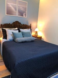 卡波布里奥Suíte Verão na Praia的一间卧室配有一张带蓝色床单的大床