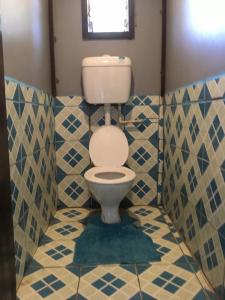 Naviti IslandYawekata Eco Still Bluewater Resort的浴室铺有蓝色和白色瓷砖,设有卫生间。
