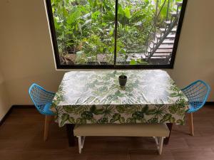 托尔图格罗Casa Jaguar Tortuguero的一张桌子,上面有桌布,有窗