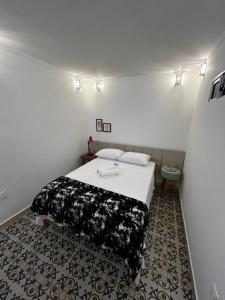 阿雷亚Casarão 47的卧室配有一张带黑色毯子的白色床