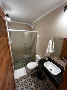 阿雷亚Casarão 47的带淋浴、卫生间和盥洗盆的浴室