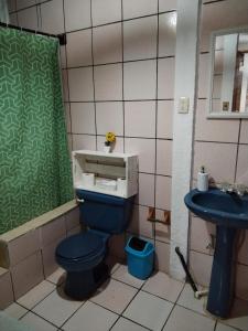 危地马拉Granja Triple A的浴室设有蓝色的卫生间和水槽。