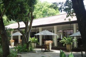 波隆纳鲁沃Polonnaruwa Holiday Inn的前面有雨伞和植物的建筑